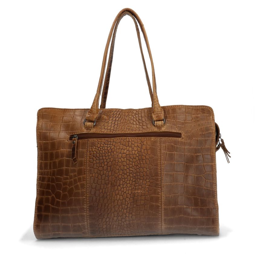 Cognac leren shopper met crocoprint