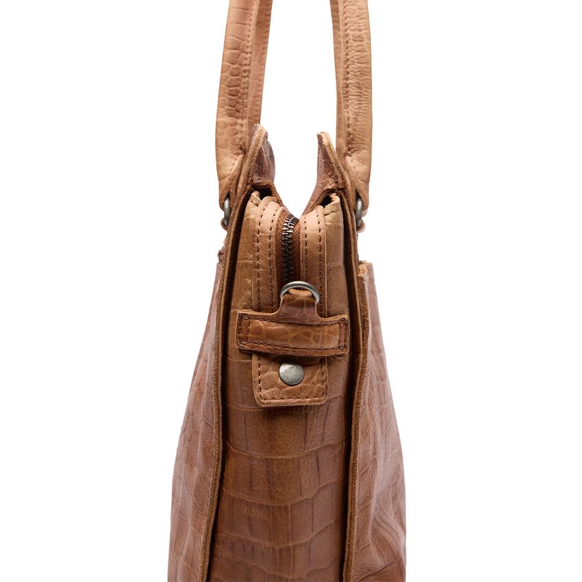 Cognac leren shopper met crocoprint