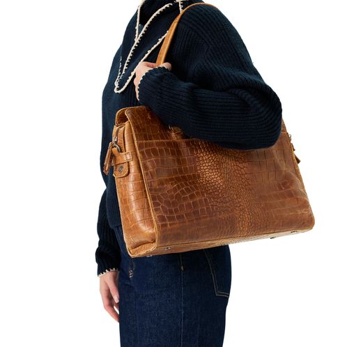 Cognac leren shopper met crocoprint