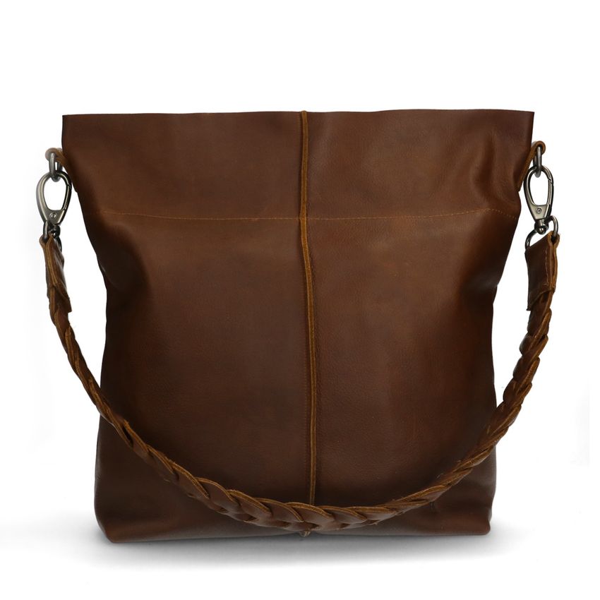 Cognac leren shopper met hengsel