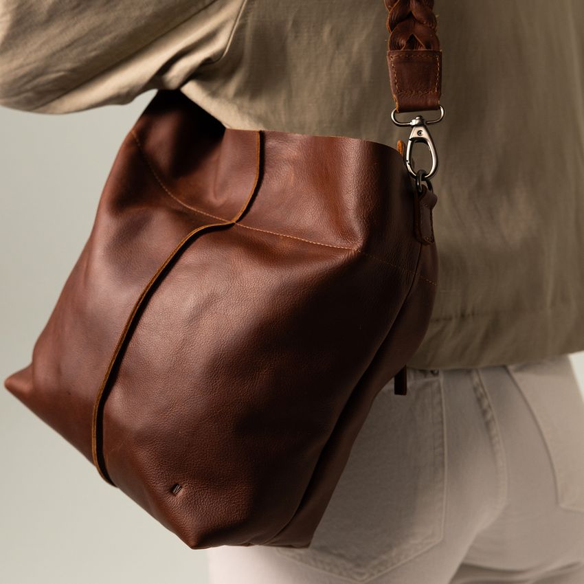 Cognac leren shopper met hengsel