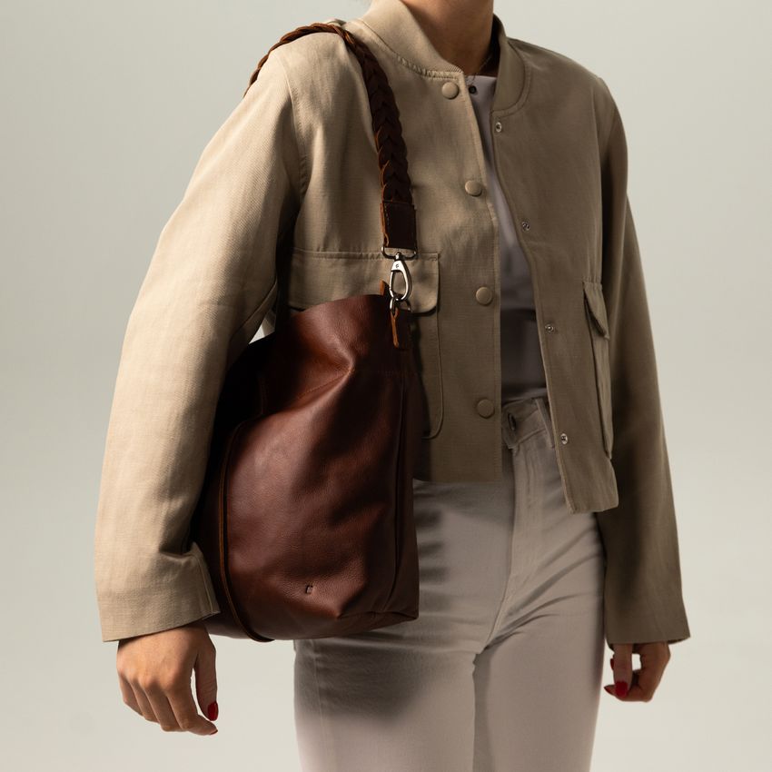 Cognac leren shopper met hengsel