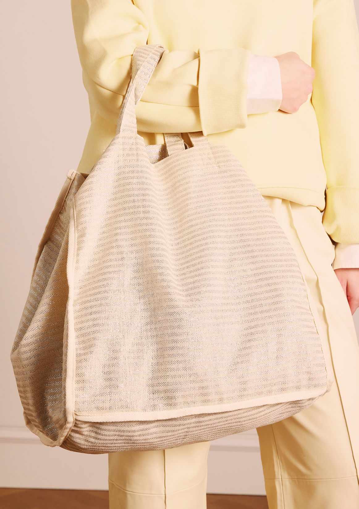 Beige & zilver gestreepte shopper