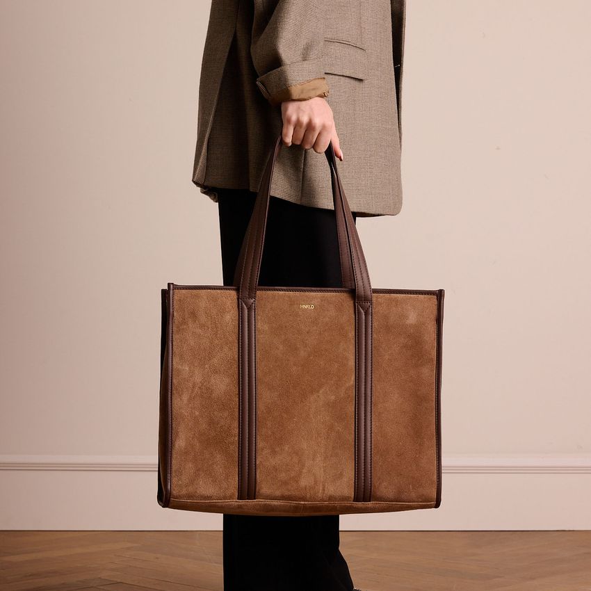 18 inch taupe suède shopper met leren details