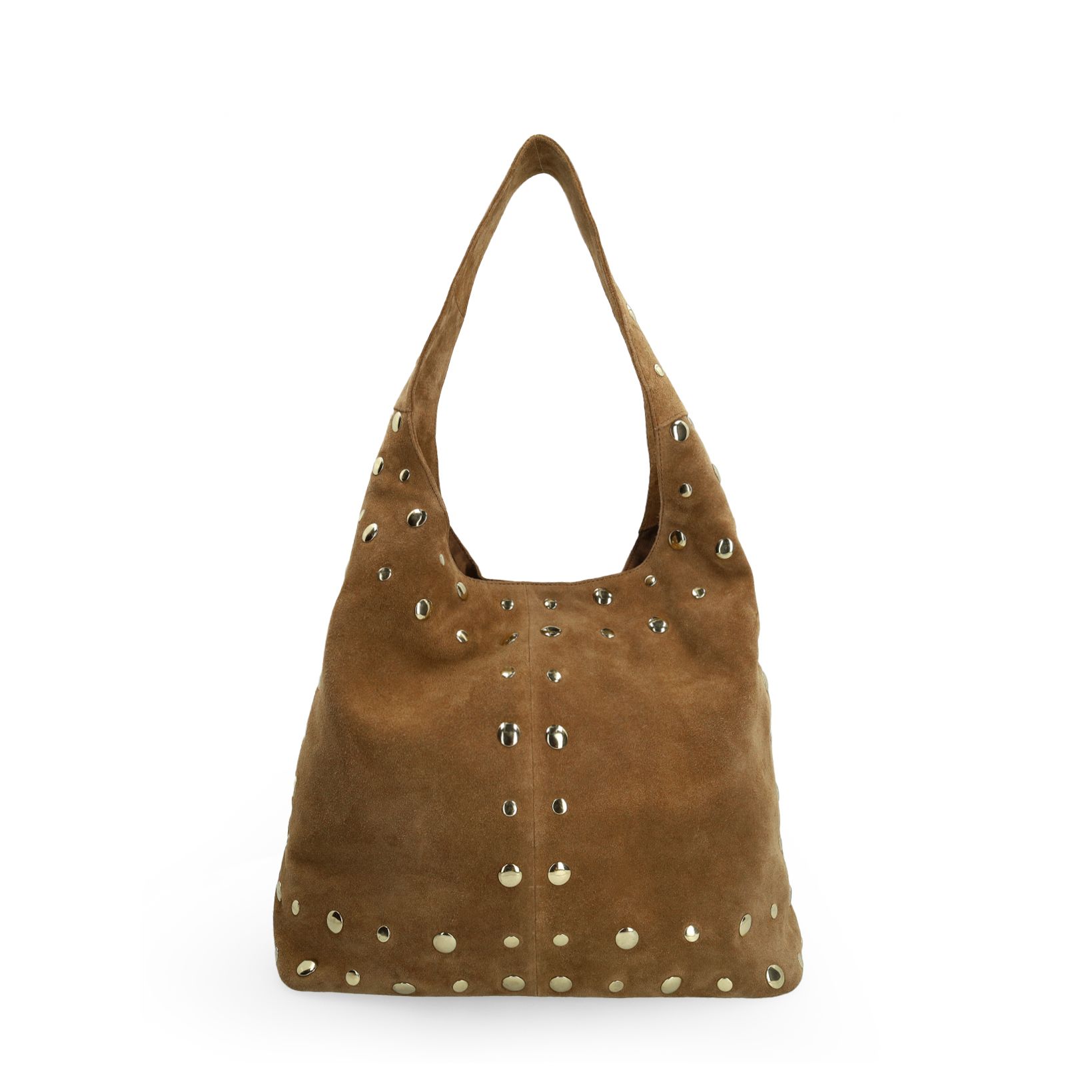 Cognacfarbene Veloursleder-Schultertasche mit goldfarbenen Nieten