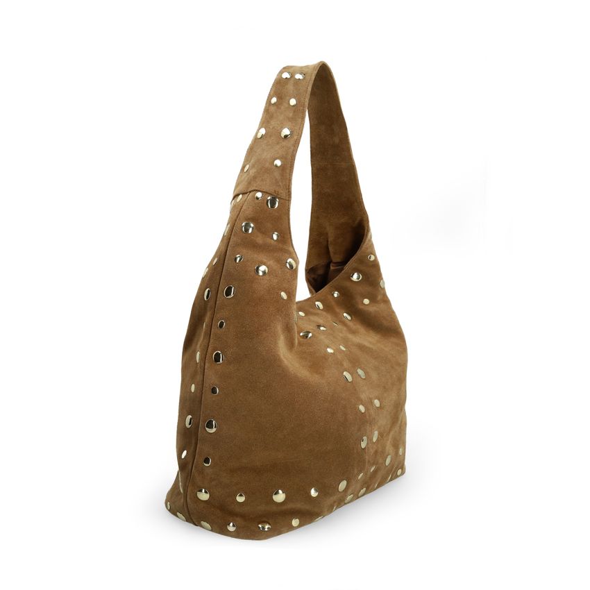 Cognac suède schoudertas met gouden studs