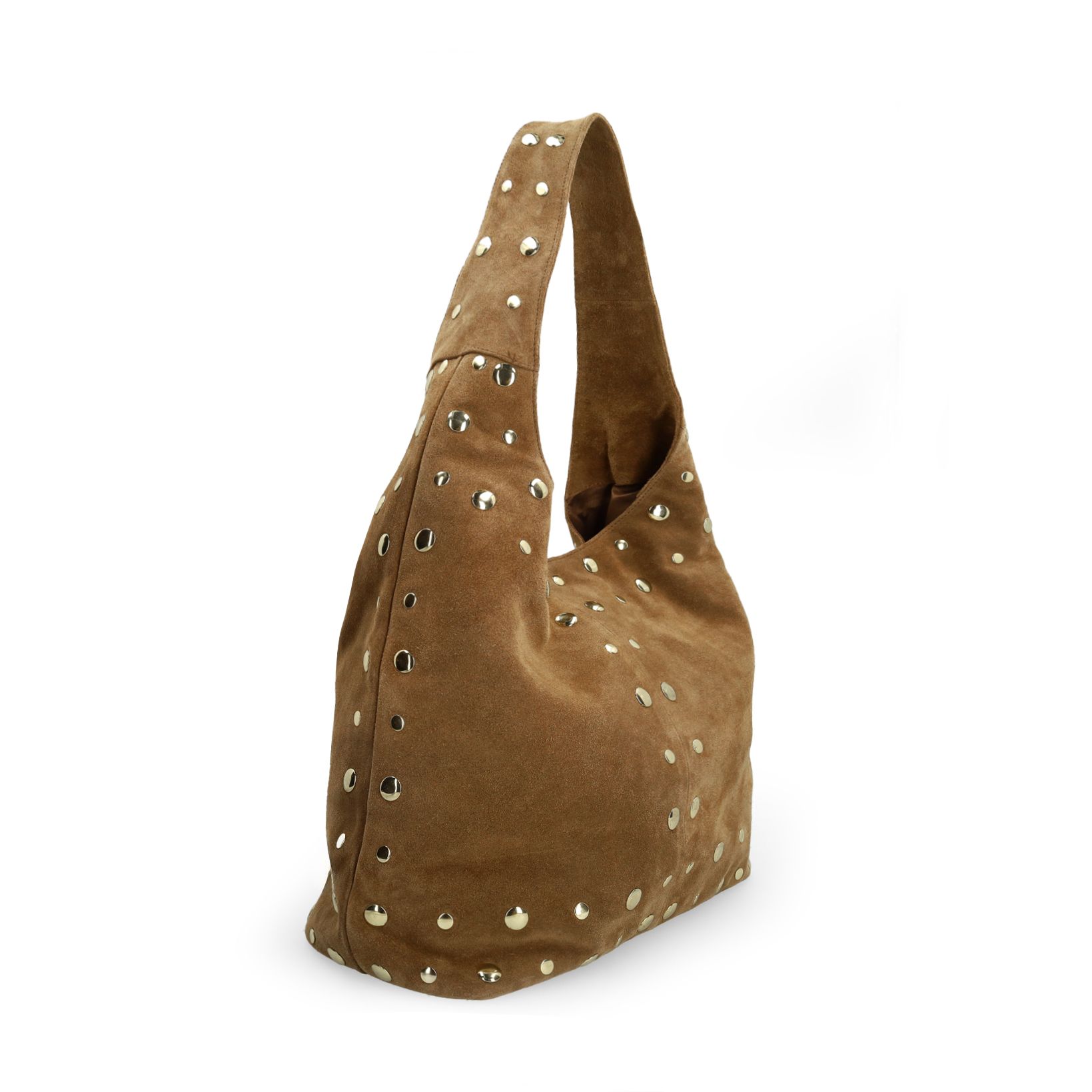 Taupe suède schoudertas met gouden studs