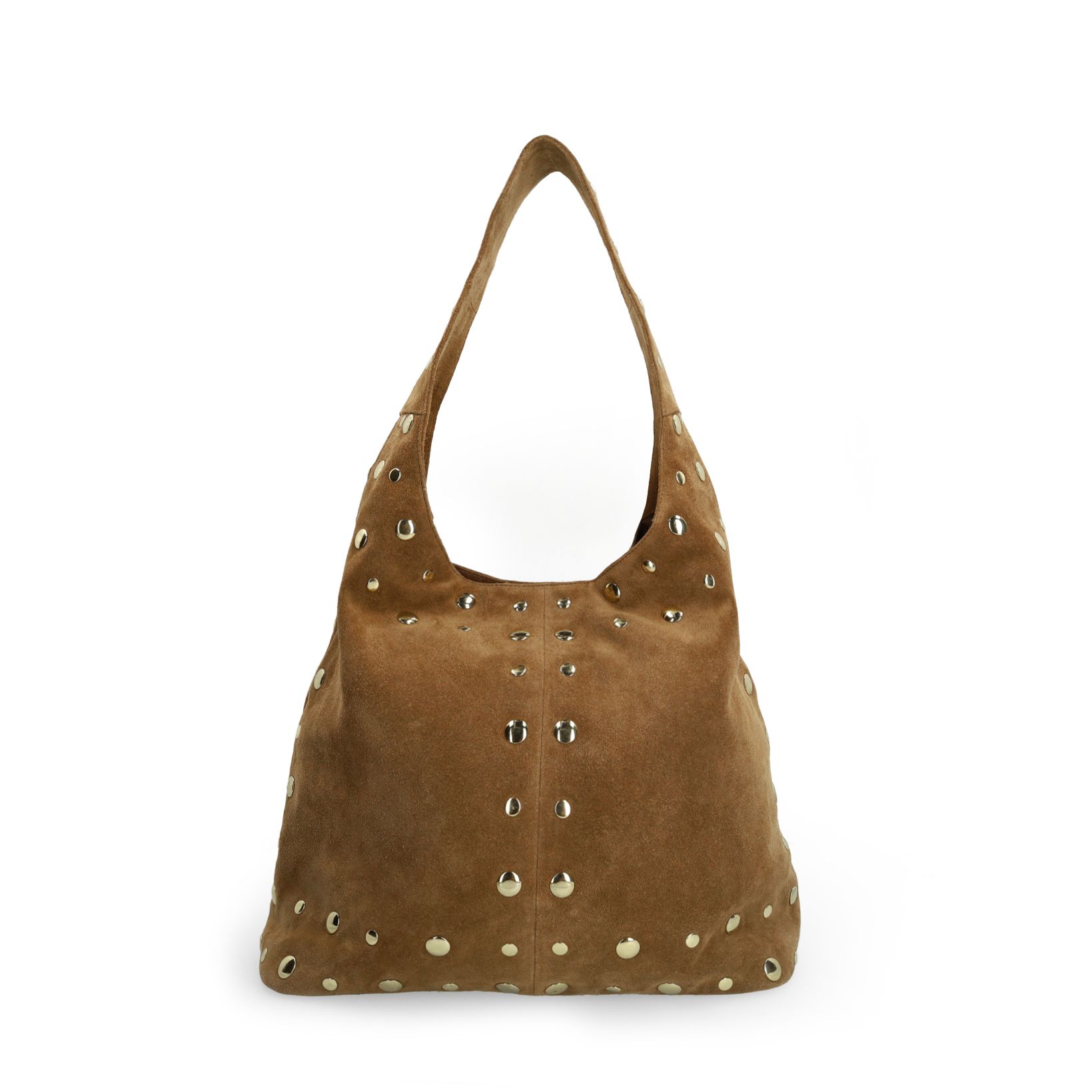 Cognacfarbene Veloursleder-Schultertasche mit goldfarbenen Nieten