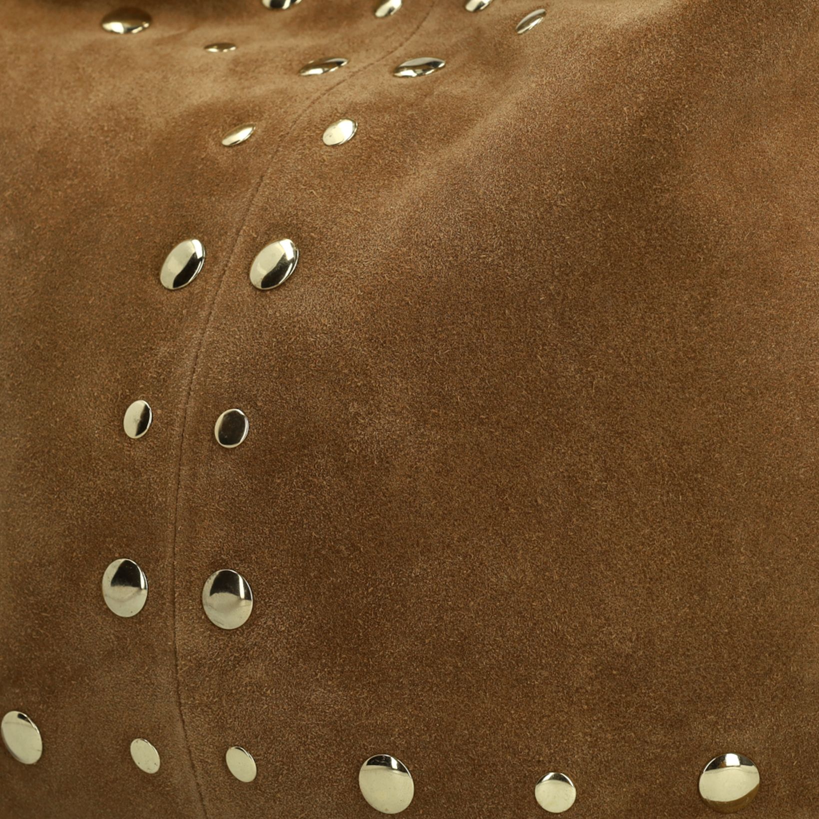 Cognacfarbene Veloursleder-Schultertasche mit goldfarbenen Nieten