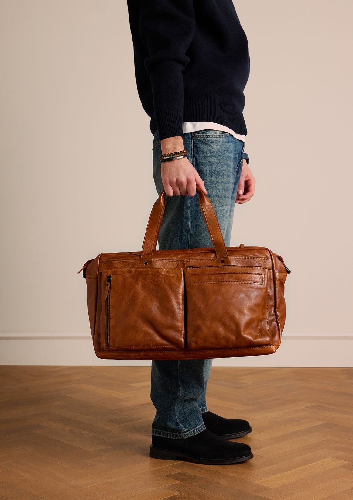 Cognac leren weekendtas