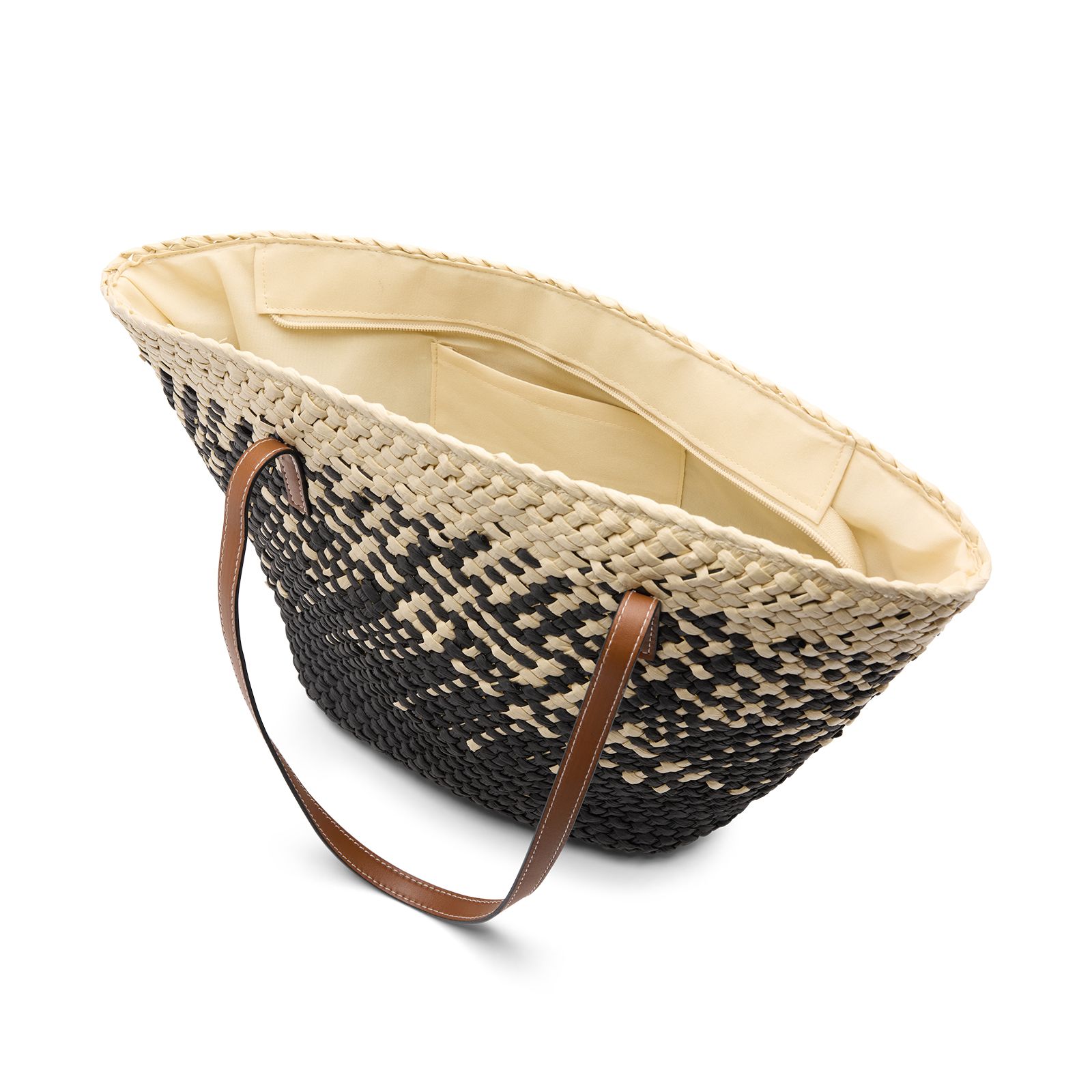 Beige en zwarte raffia schoudertas