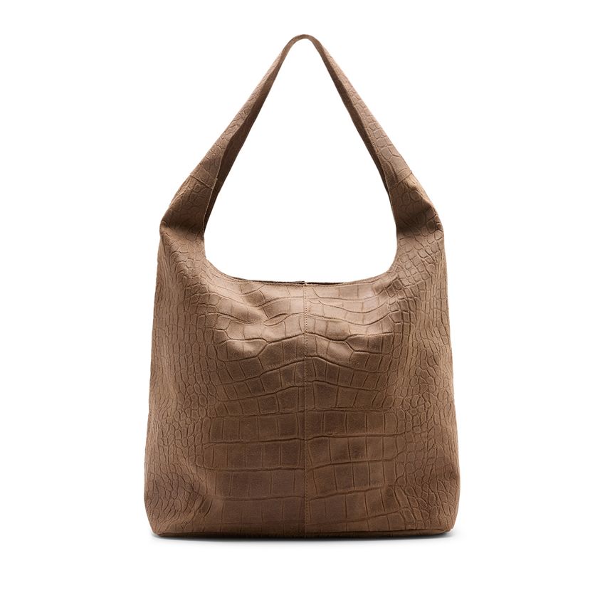 Taupe leren schoudertas met crocoprint