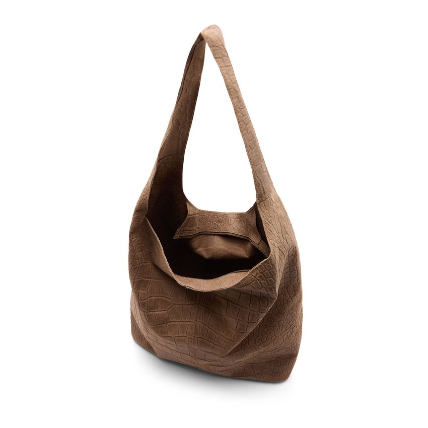 Taupe leren schoudertas met crocoprint