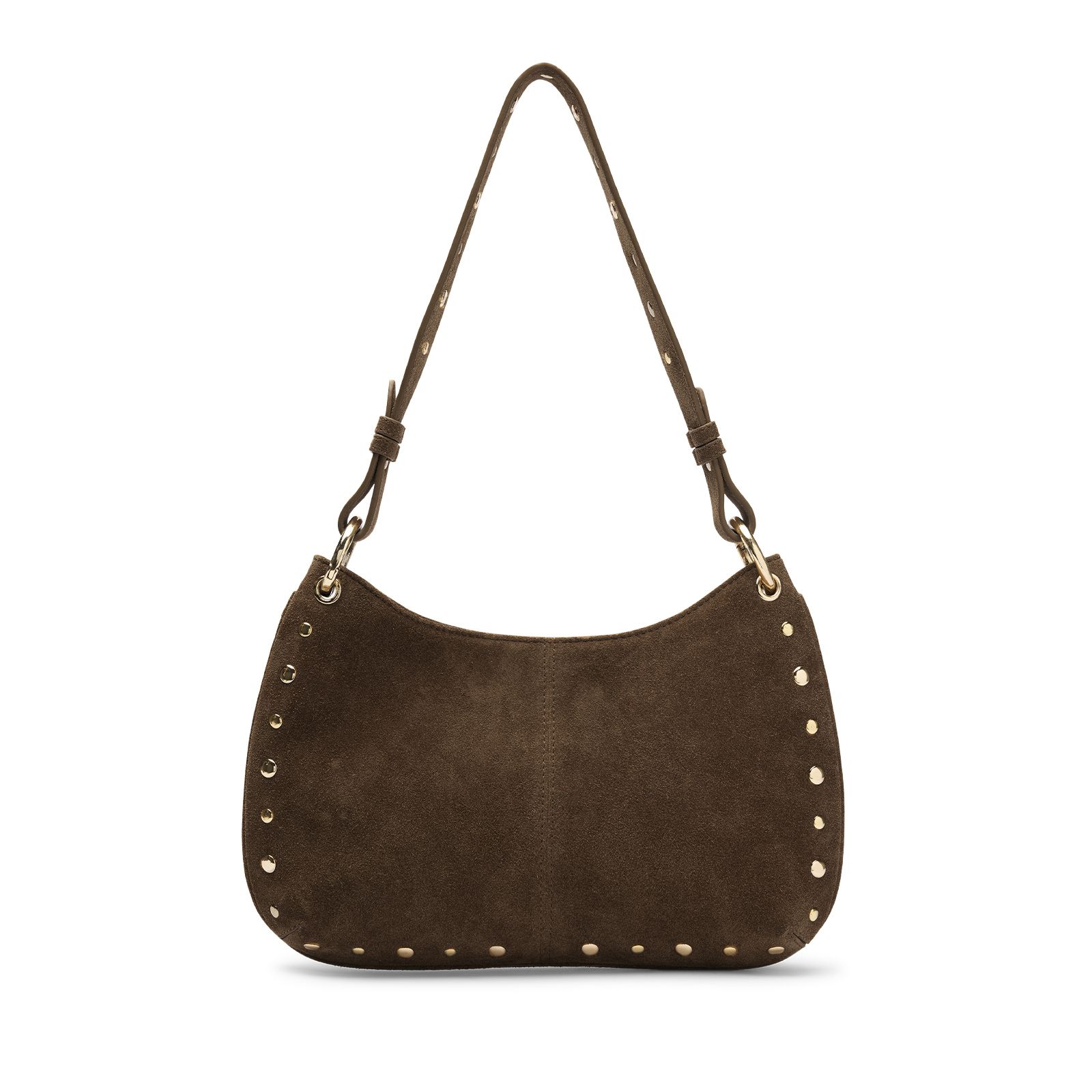 Dunkelbraune Veloursleder-Schultertasche mit goldfarbenen Nieten