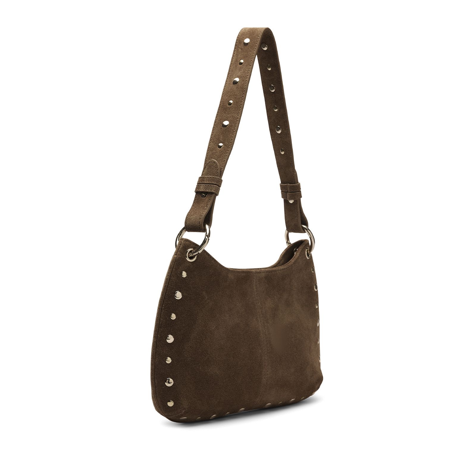 Dunkelbraune Veloursleder-Schultertasche mit goldfarbenen Nieten