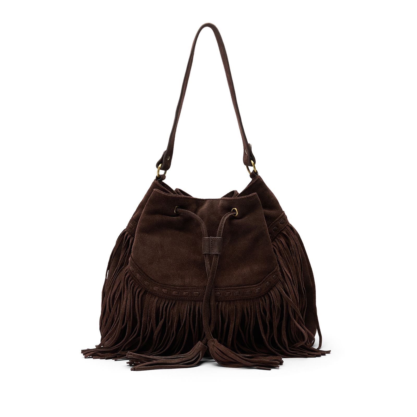 Braune Veloursledertasche mit Fransen