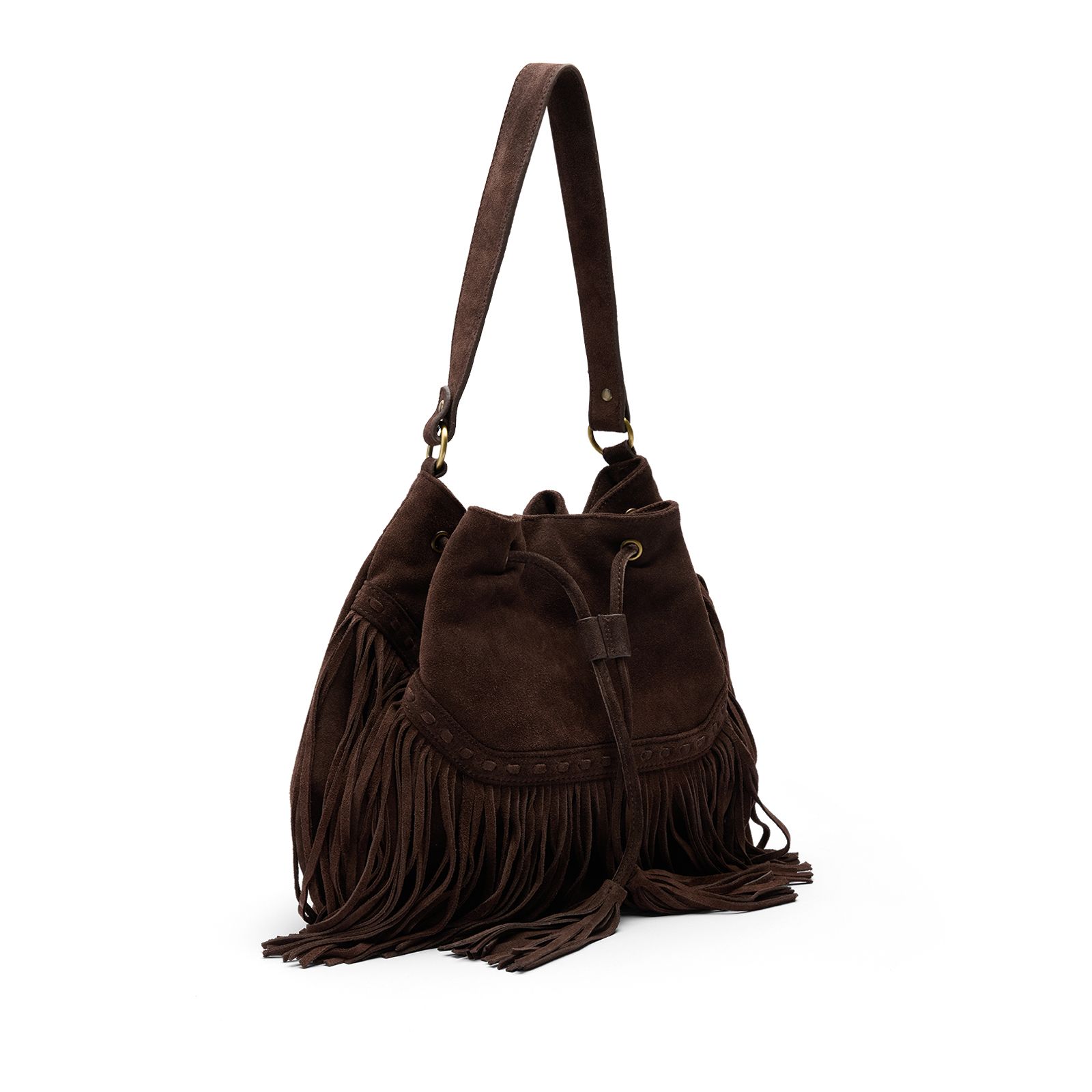 Braune Veloursledertasche mit Fransen