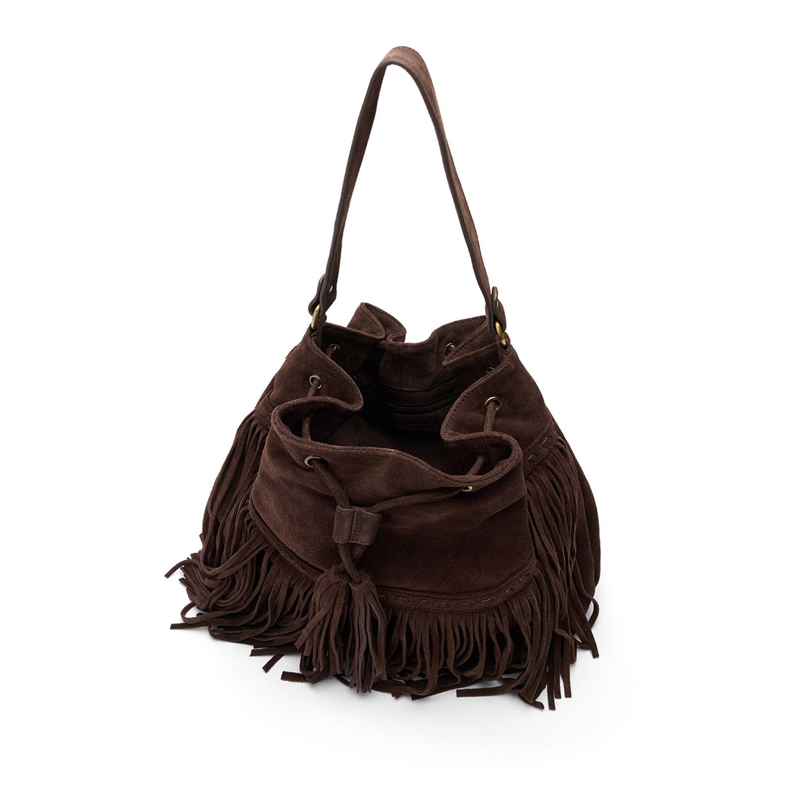 Braune Veloursledertasche mit Fransen