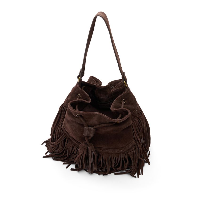 Bruine suède tas met franjes