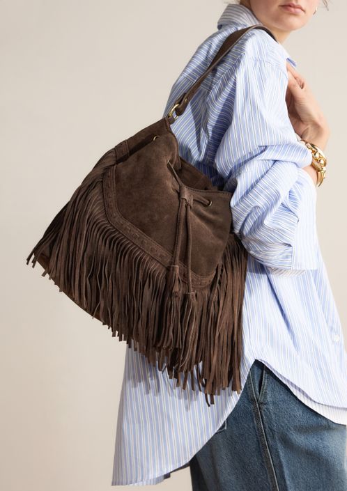 Braune Veloursledertasche mit Fransen