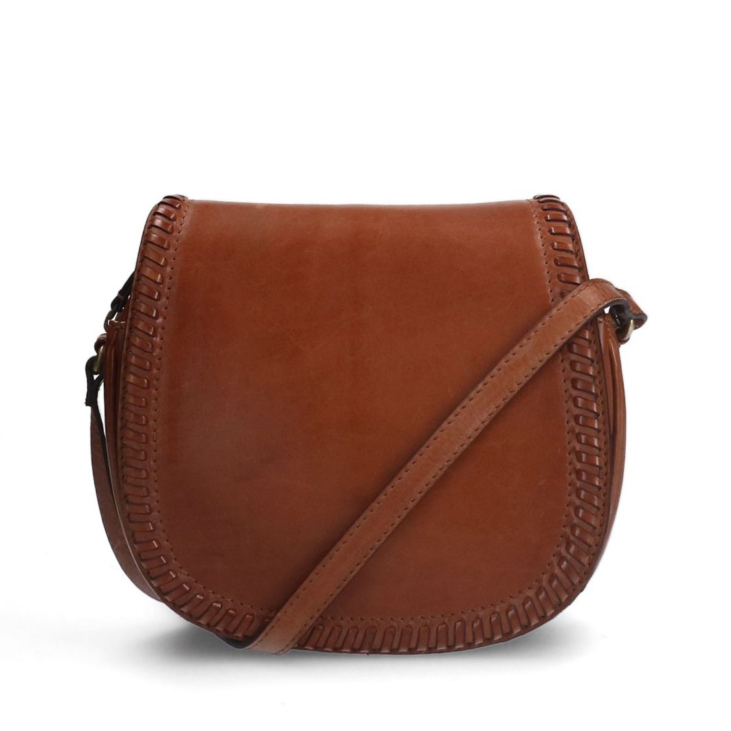 Cognacfarbene Leder-Schultertasche mit Flecht-Details