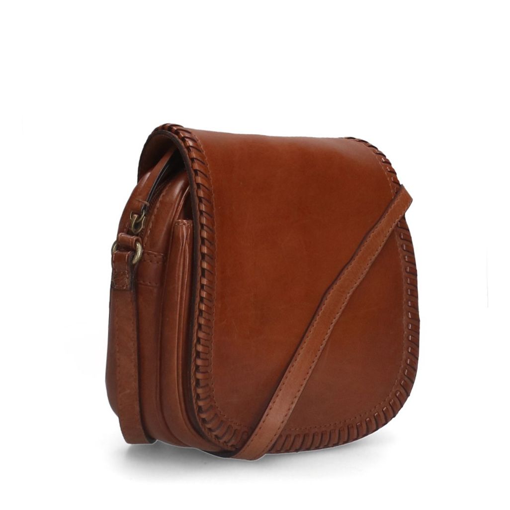Cognacfarbene Leder-Schultertasche mit Flecht-Details