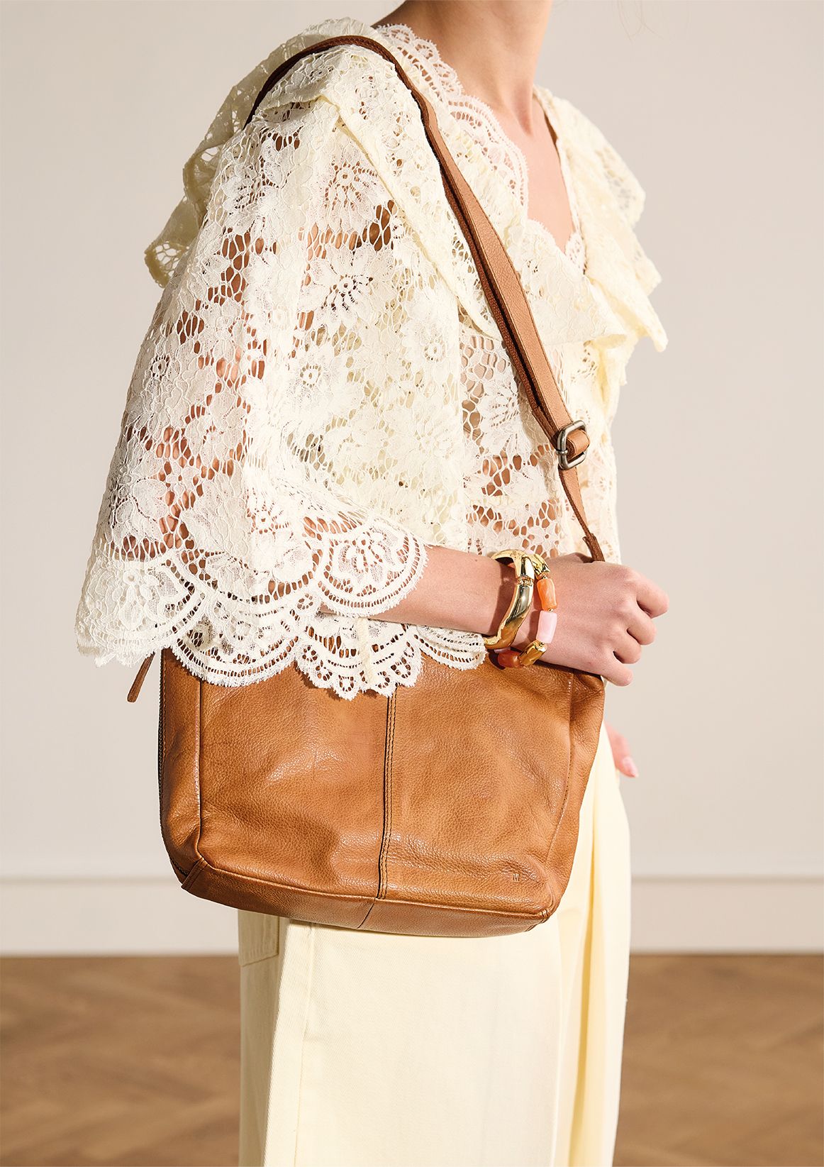 Cognac leren schoudertas