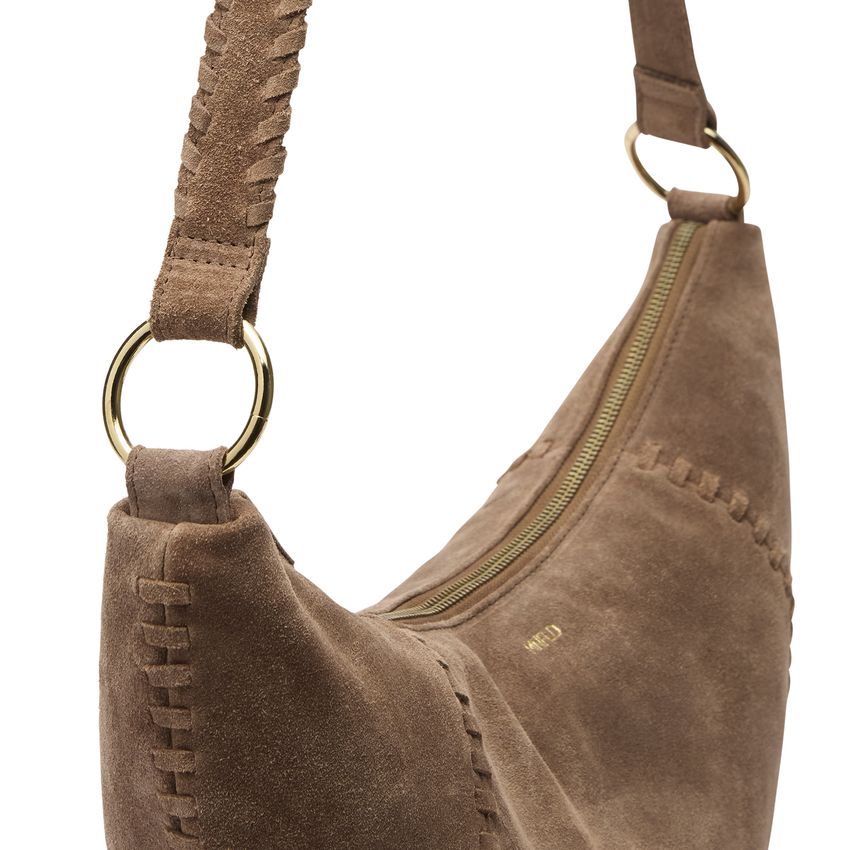 Taupefarbene Schultertasche aus Veloursleder