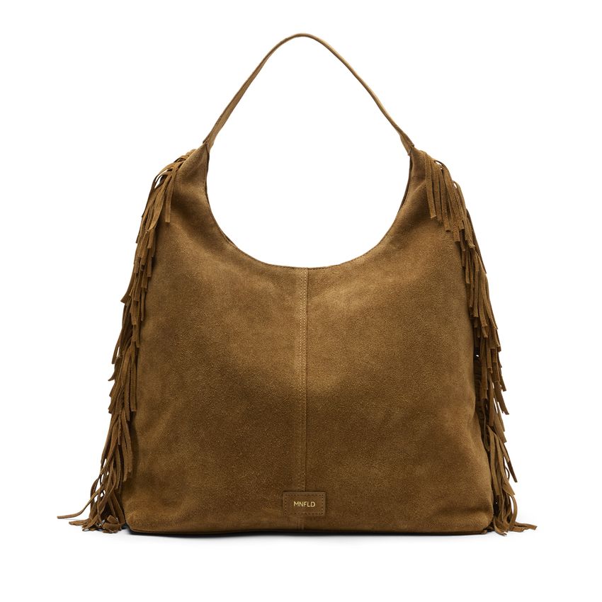 Cognacfarbene Veloursleder-Schultertasche mit Fransen