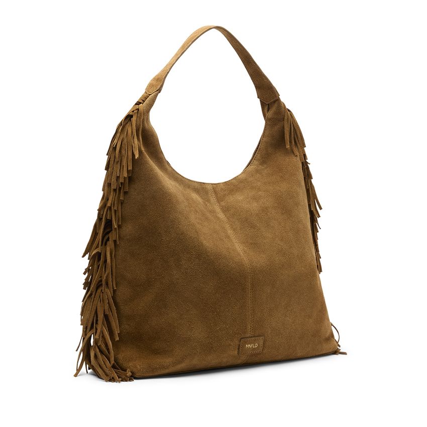 Cognacfarbene Veloursleder-Schultertasche mit Fransen