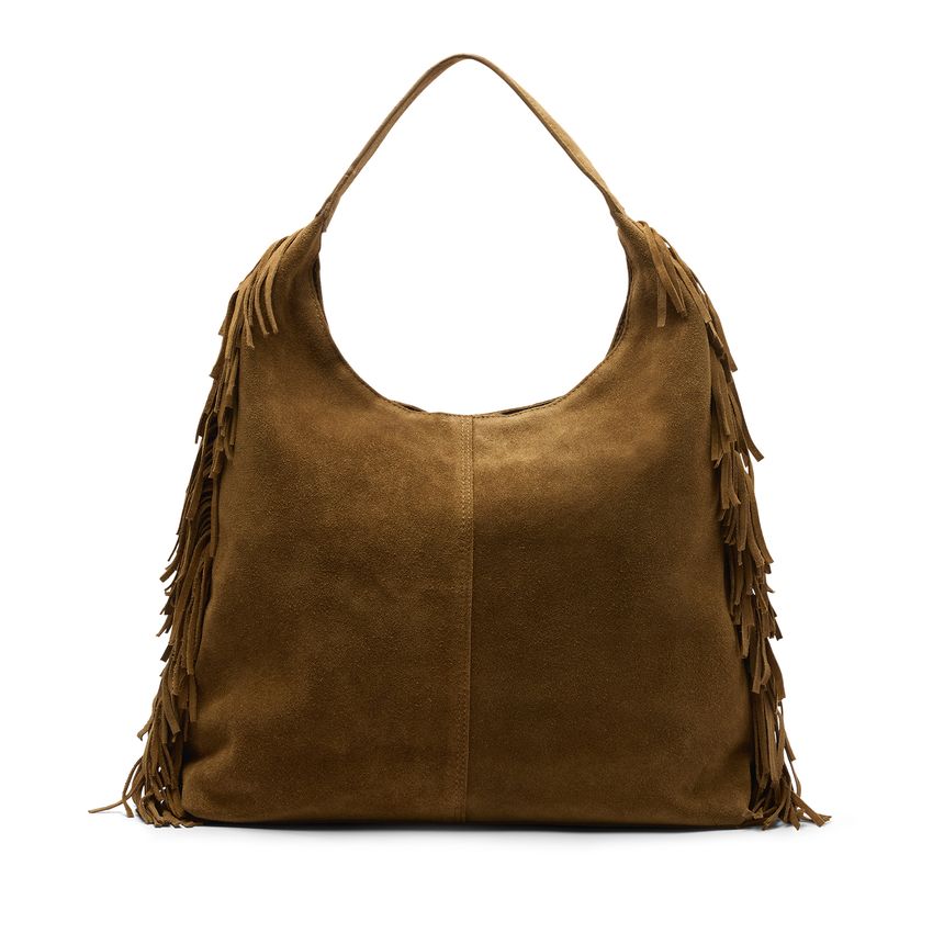 Cognacfarbene Veloursleder-Schultertasche mit Fransen