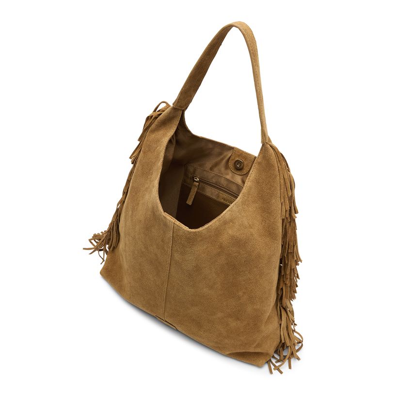 Cognacfarbene Veloursleder-Schultertasche mit Fransen