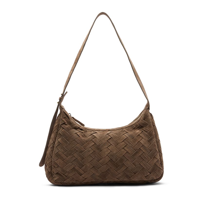 Taupefarbene Veloursledertasche mit Flecht-Details