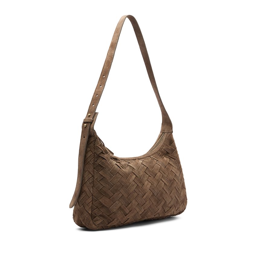 Taupefarbene Veloursledertasche mit Flecht-Details