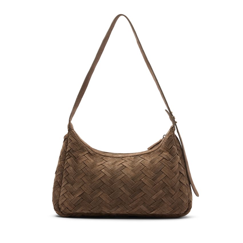 Taupefarbene Veloursledertasche mit Flecht-Details