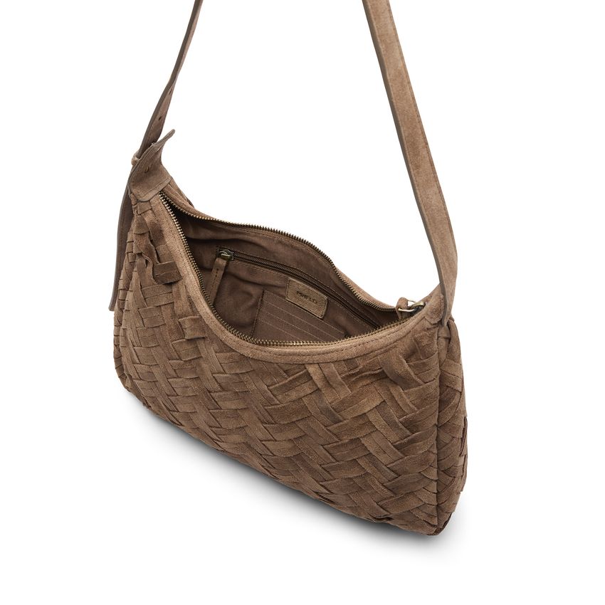 Taupefarbene Veloursledertasche mit Flecht-Details