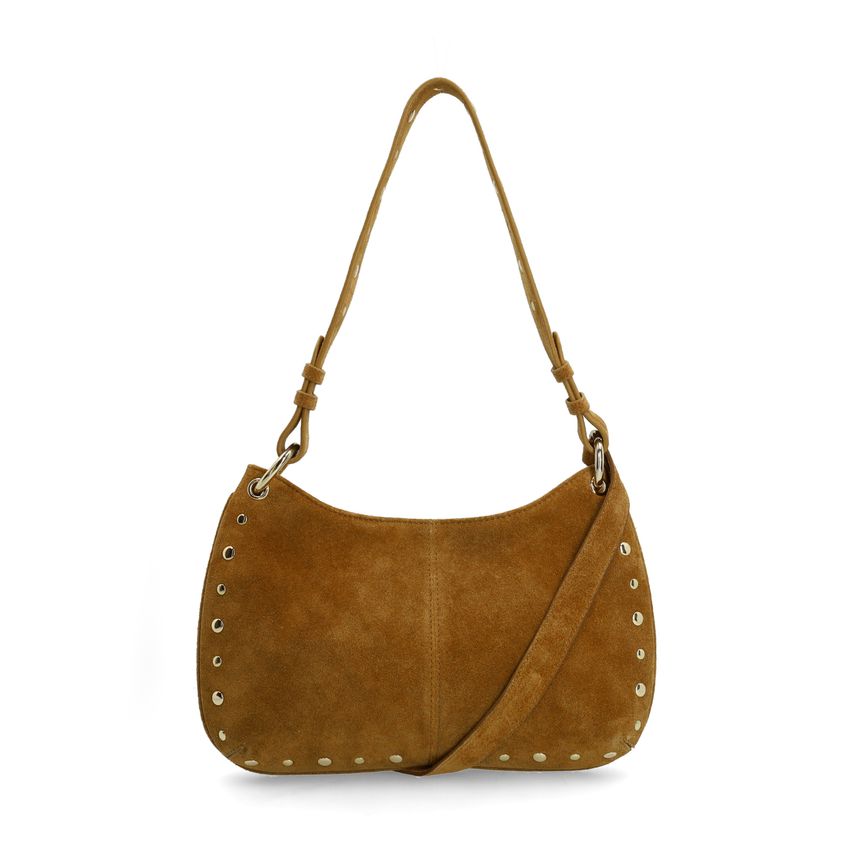 Cognac suède schoudertasje met gouden studs