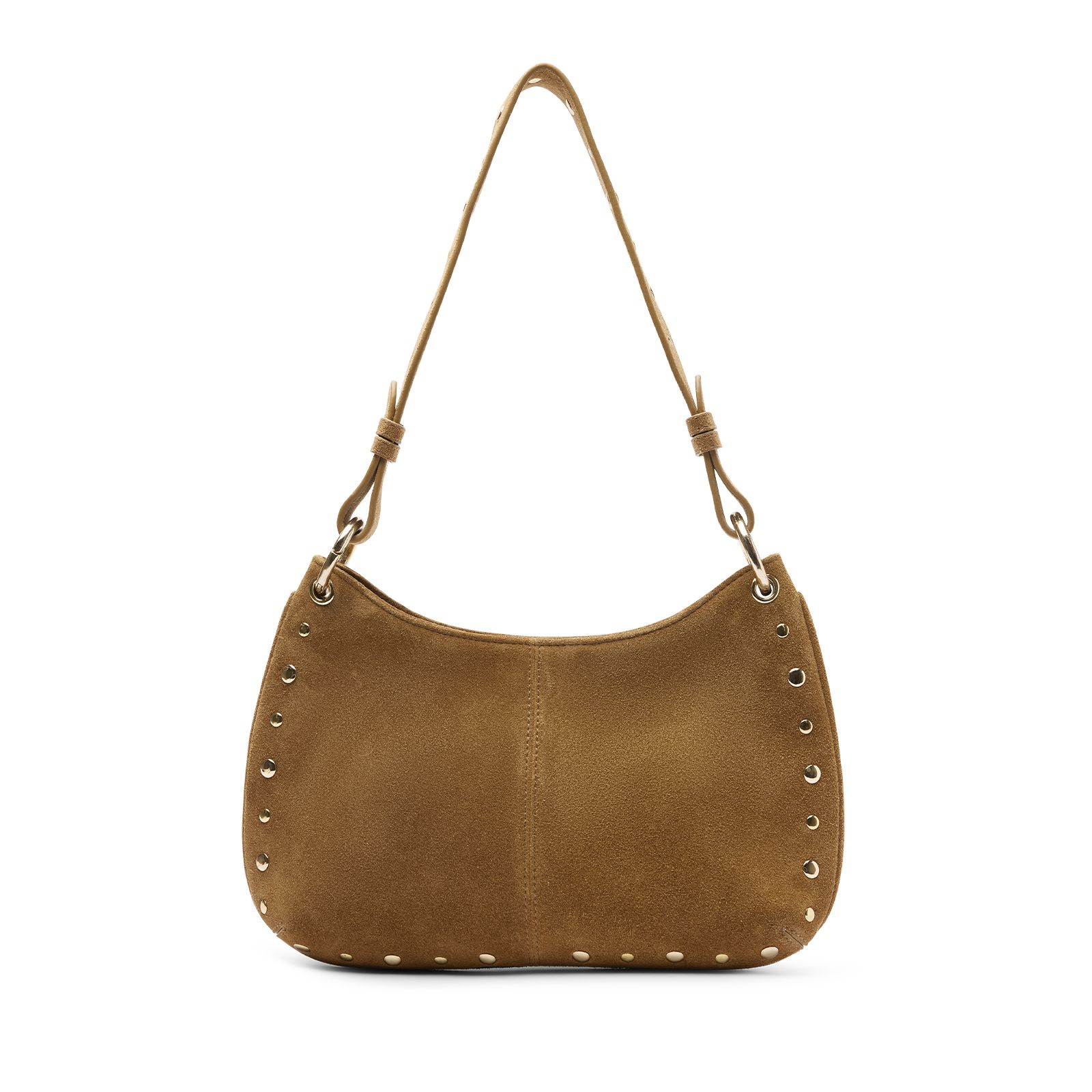 Cognacfarbene Veloursleder-Schultertasche mit goldfarbenen Nieten