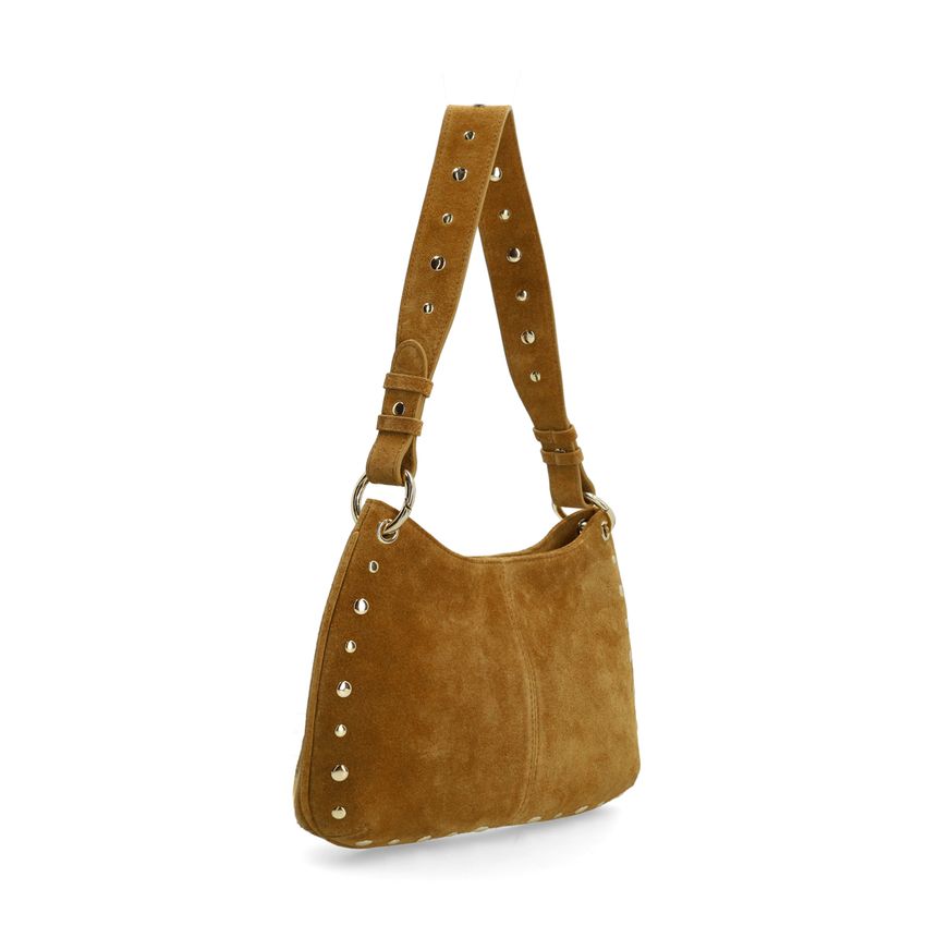Cognac suède schoudertasje met gouden studs