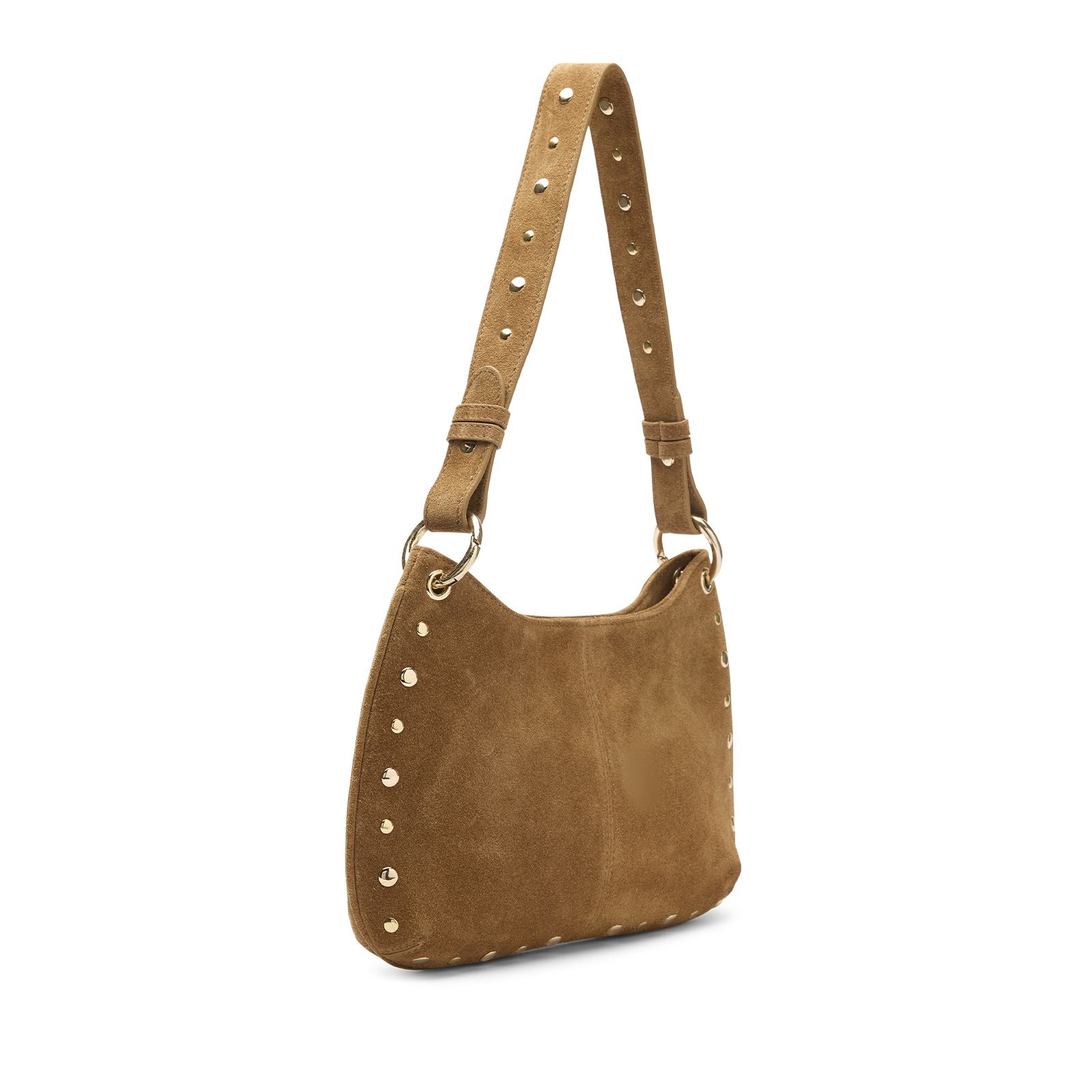 Cognacfarbene Veloursleder-Schultertasche mit goldfarbenen Nieten