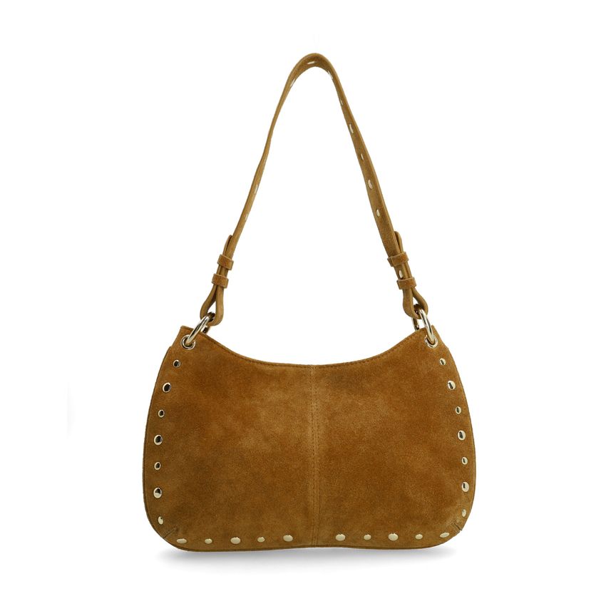 Cognac suède schoudertasje met gouden studs