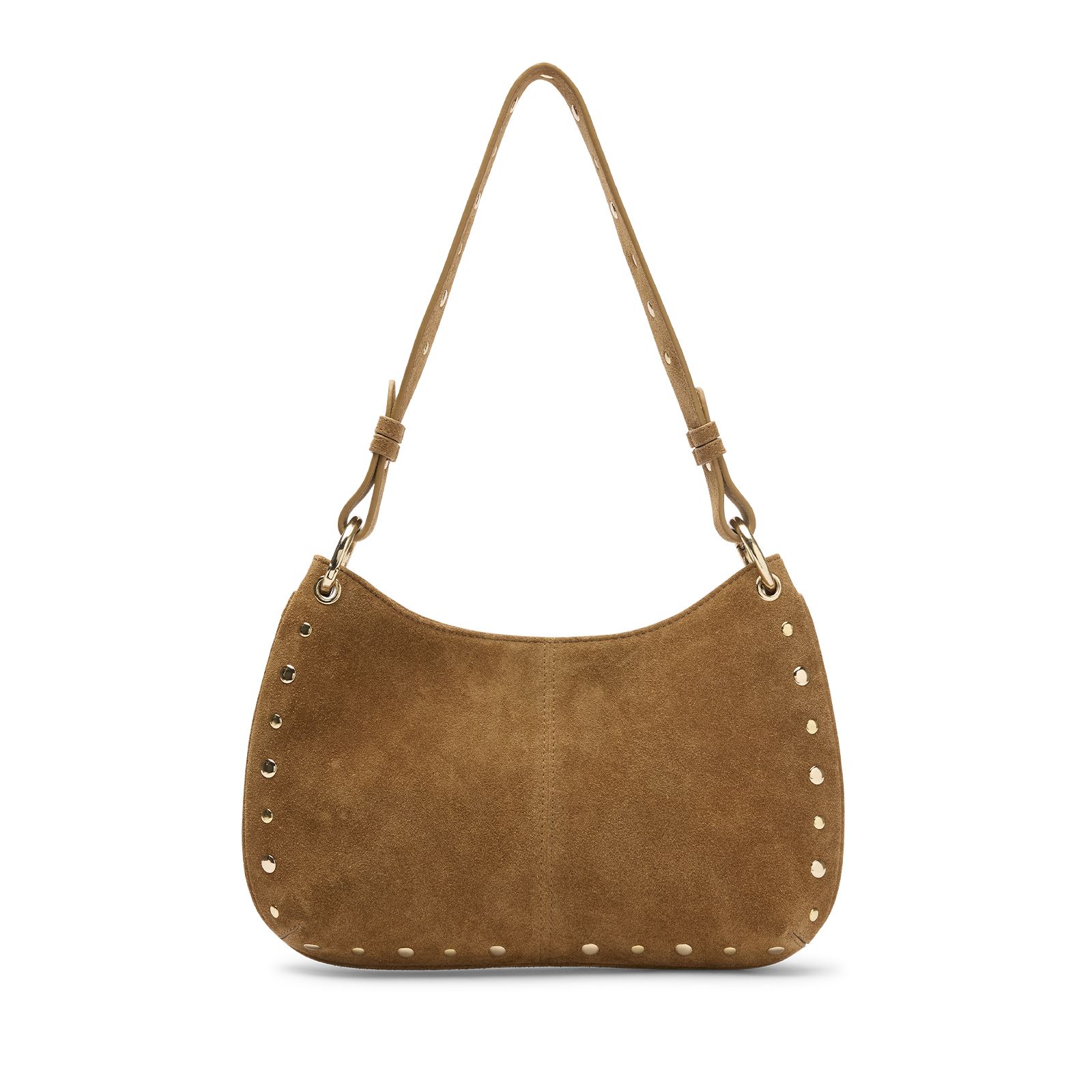 Cognacfarbene Veloursleder-Schultertasche mit goldfarbenen Nieten