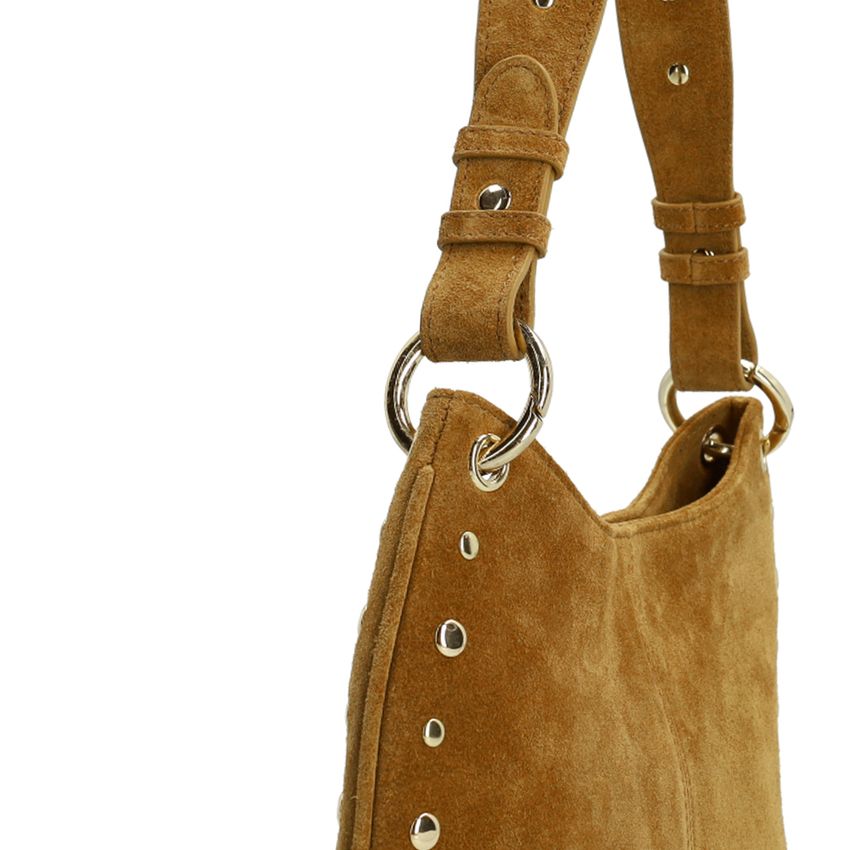 Cognac suède schoudertasje met gouden studs