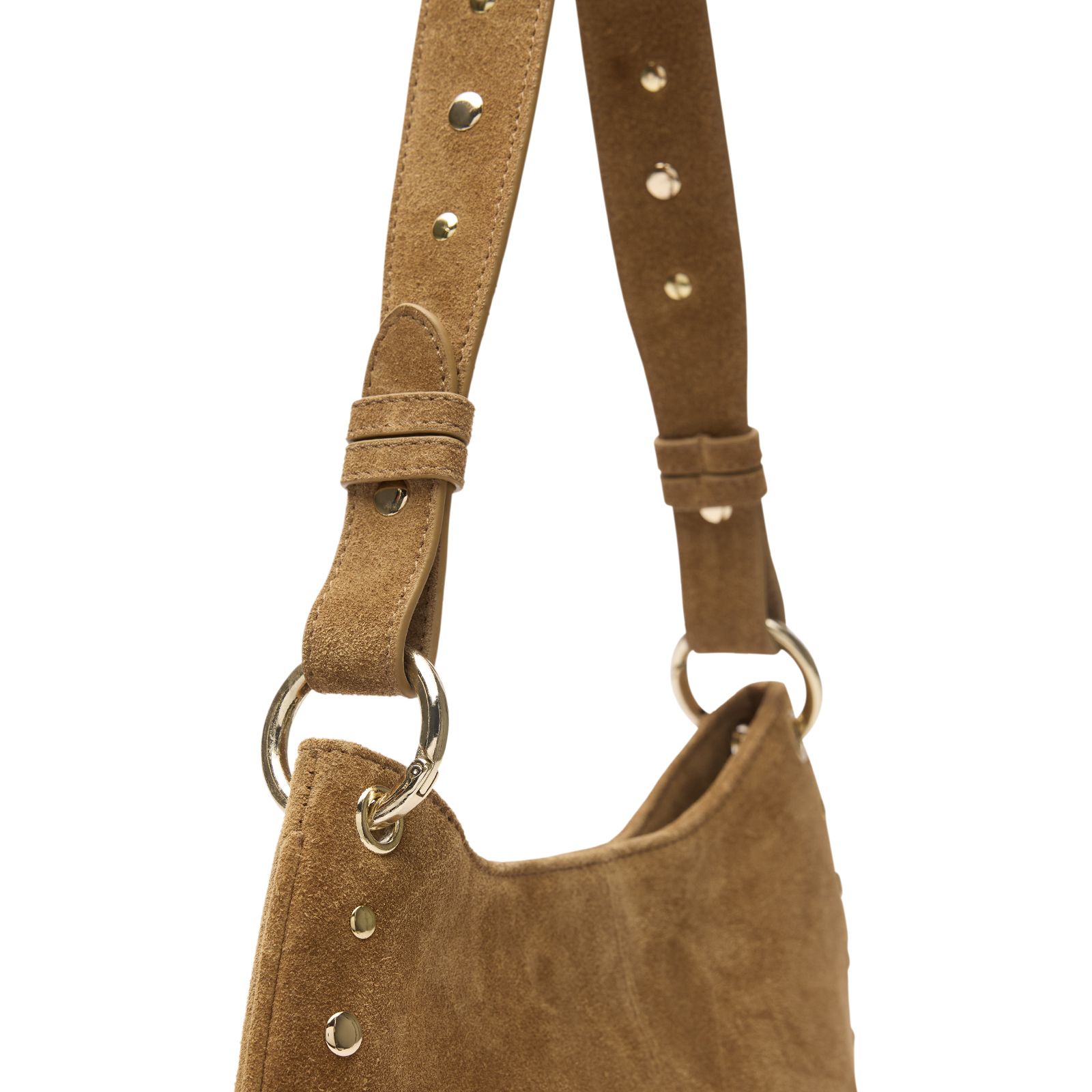 Cognacfarbene Veloursleder-Schultertasche mit goldfarbenen Nieten