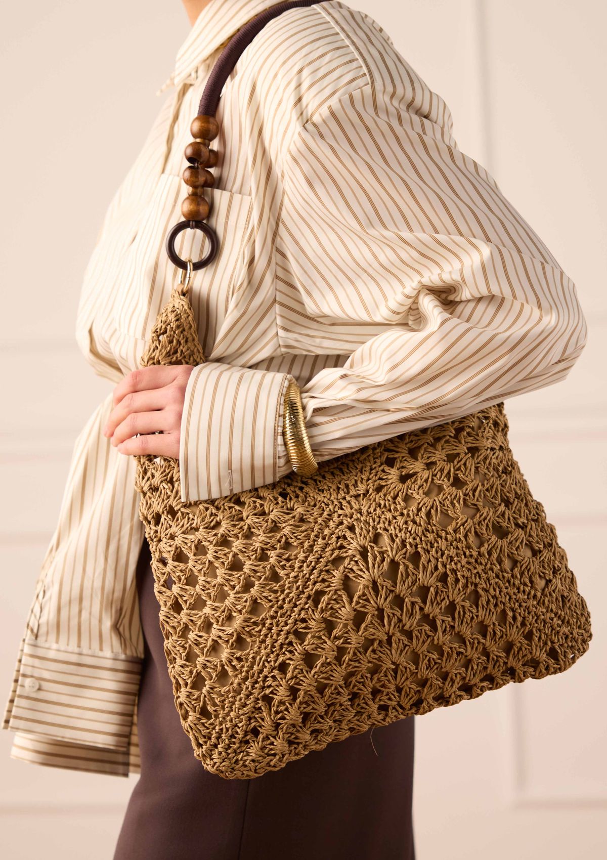 Beige raffia schoudertas