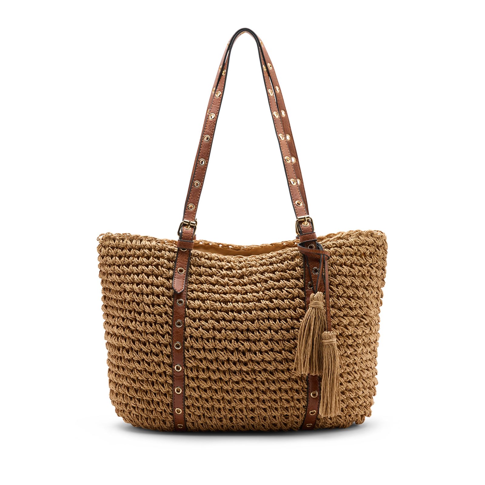 Beigefarbene Schultertasche aus Raffia-Bast