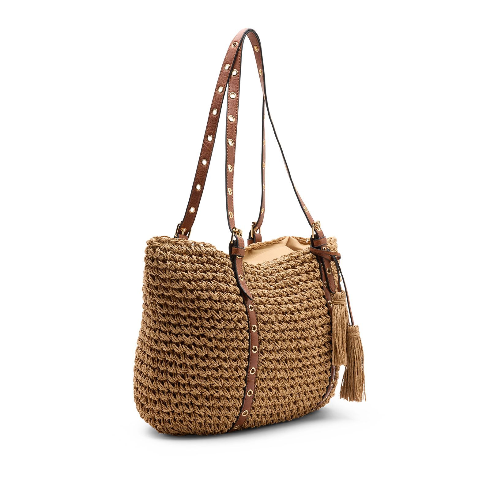 Beigefarbene Schultertasche aus Raffia-Bast