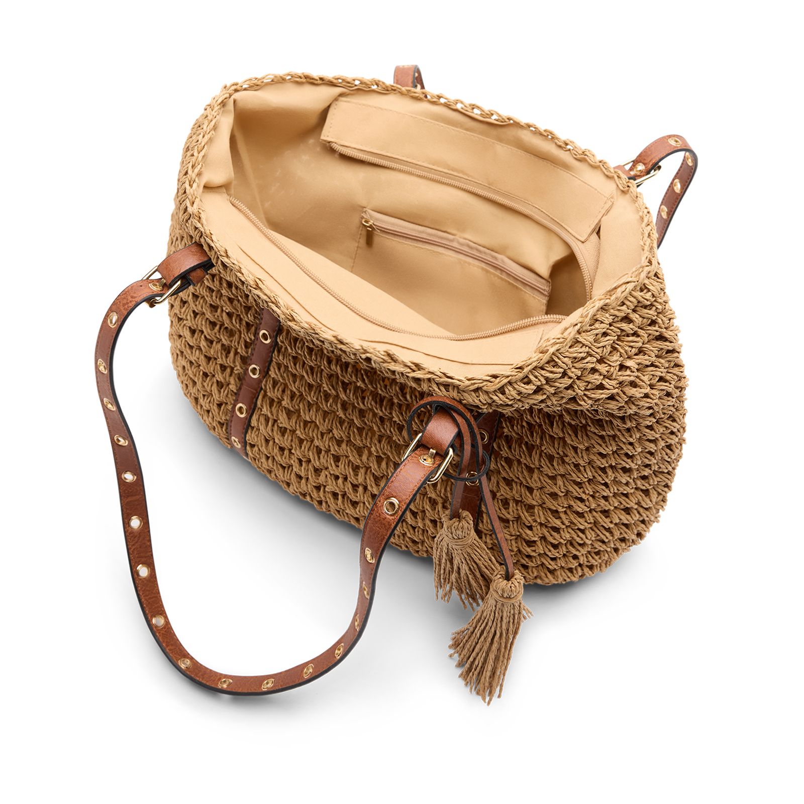 Beigefarbene Schultertasche aus Raffia-Bast