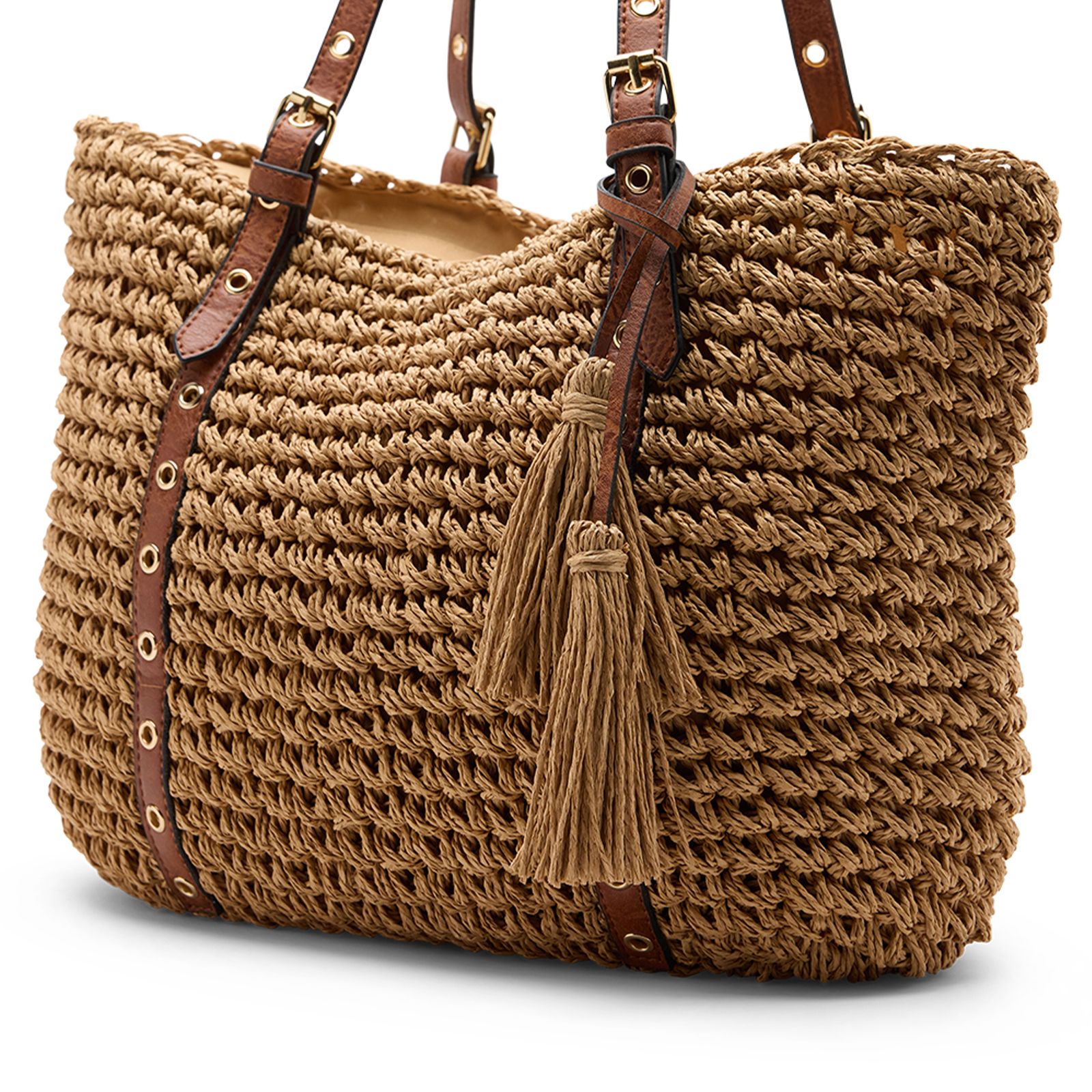 Beigefarbene Schultertasche aus Raffia-Bast
