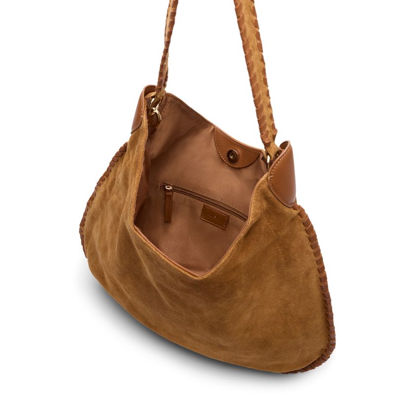 Cognacfarbene Veloursleder-Handtasche mit Flecht-Details